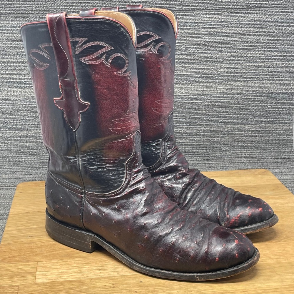 Lucchese Ostrich Cowboy Boots Men 8.5 D Black Cherry Full Quill L5009 Handmade